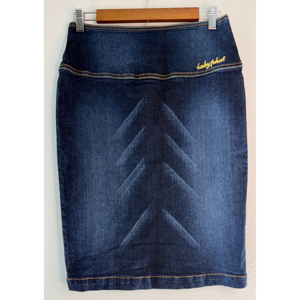 Vintage Y2K Baby Phat Darkwash Denim Pencil Skirt Lace Up Blue Jean Grunge 29"